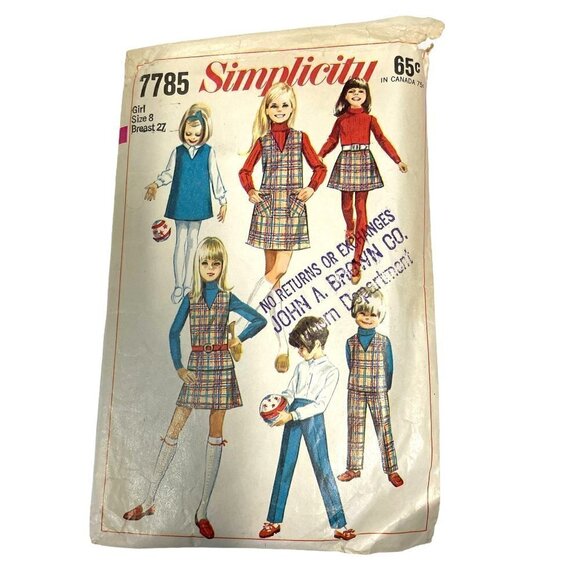 VINTAGE CUT Sewing Pattern Simplicity 7785 Girls Jumper Top Skirt Pants Size 8 - Picture 1 of 2